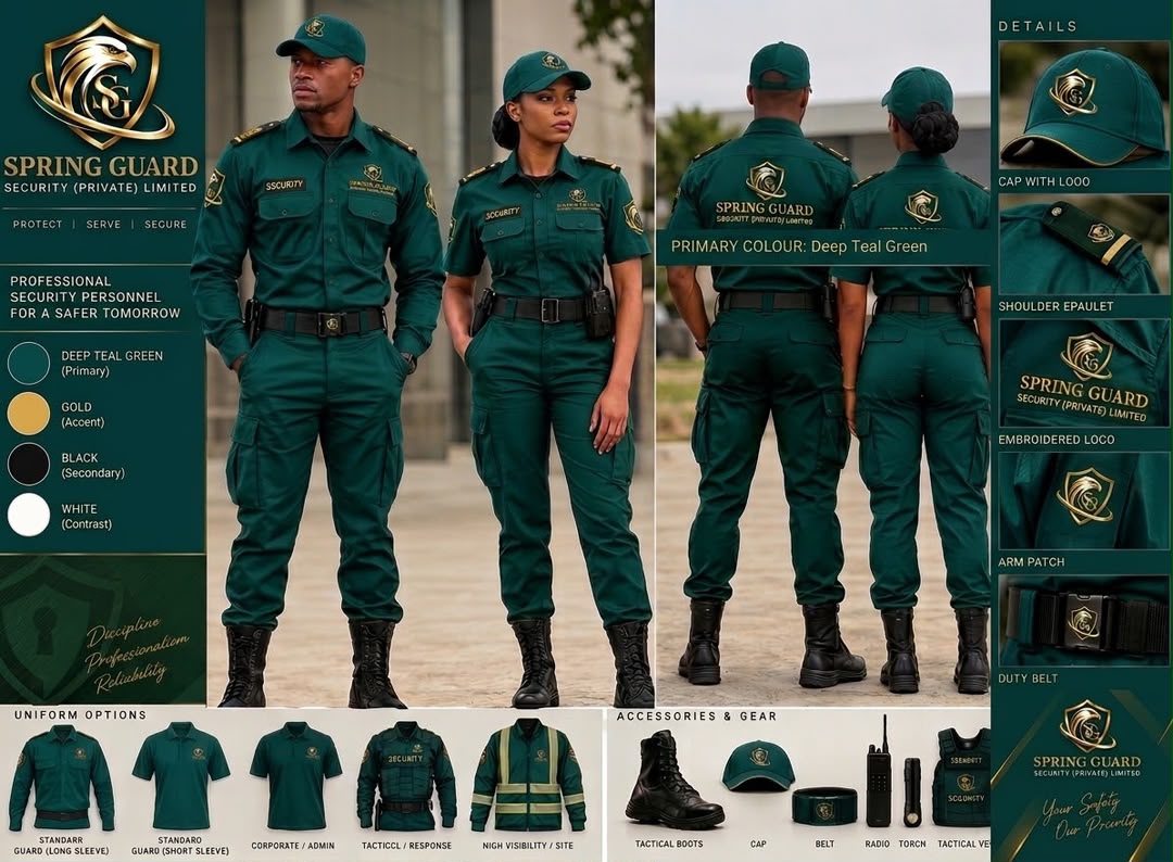 Spring Guard’s branded security uniform designs in deep teal and gold